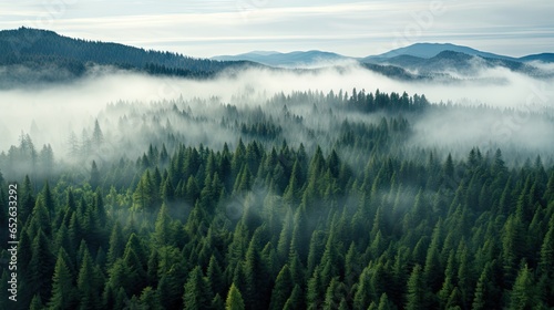 A Bird's Eye View Of A Pine Forest, Naturalism, Anamorphic Widescreen, Thick Northern Pacific Rain Forest With Low Cloud