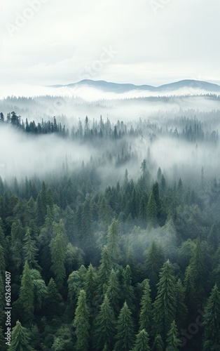 A Bird's Eye View Of A Pine Forest, Naturalism, Anamorphic Widescreen, Thick Northern Pacific Rain Forest With Low Cloud © BOMB8