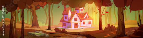 House in autumn forest landscape cartoon vector scene. Fall fairy tale beautiful garden illustration with cabin home near tree. Rural building exterior on lawn outdoor horizontal panorama environment
