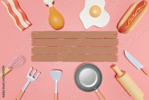 3D minimal fast food and kitchenware with wooden sign on pink background, 3D rendering top view food background concept.