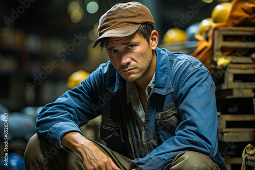 Captivating depiction of a young, frustrated factory worker amidst the industrial machinery, an emblem of stress and laborer's exasperation in manufacturing.