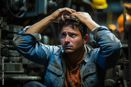 Striking portrayal of a young, exasperated factory worker stressing over quality control amidst the industrial machinery in a bustling assembly line.