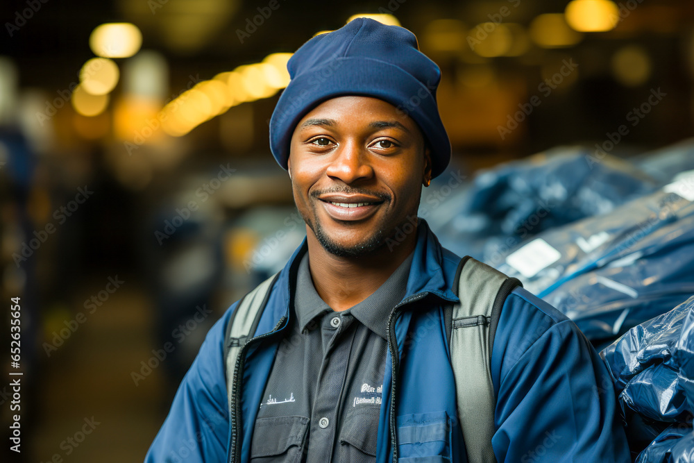 Empowering view of a confident young laborer engrossed in work at a bustling manufacturing assembly line, embodying blue-collar ethic and self-assured focus.