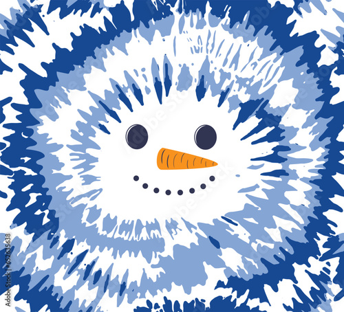 Tie dye white and blue spiral circle seamless pattern with snowman face. Christmas vector illustration.