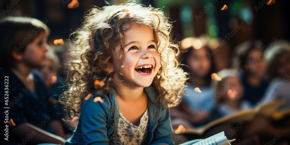 Radiant child immersed in story time at kindergarten, excitement mirrored in open mouth and joyful eyes. Teacher engaging nursery kids fostering eager learning. - obrazy, fototapety, plakaty 