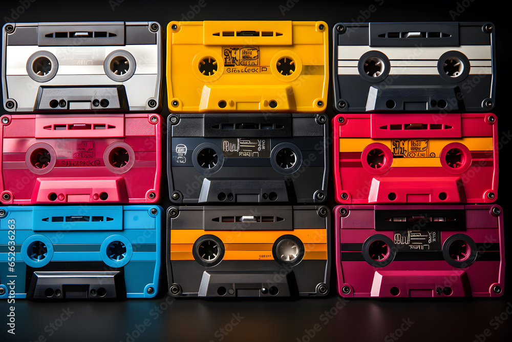Fototapeta premium Retro colourful audio cassette desktop ai generated art.