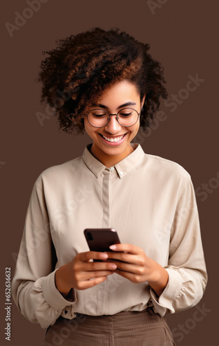 woman of color with curly hair looking at her smartphone with brown background