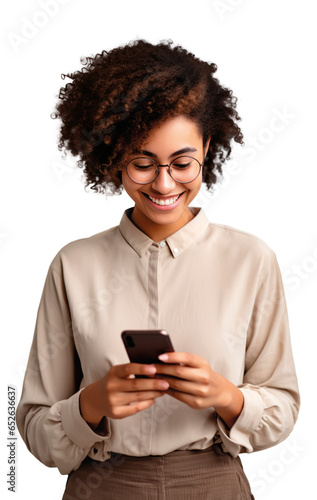 woman of color with curly hair looking at her smartphone with transparent background