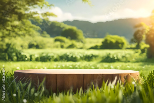 A Rustic Wood Product Display Podium Surrounded By Grass And Plants In The Middle Of A Beautiful Landscape Scenery Premade Photo Mockup Background 