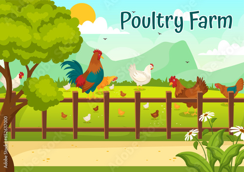 Poultry Farm Vector Illustration with Chickens, Roosters, Straw, Cage and Egg on Scenery of Green Field Background in Flat Cartoon Design