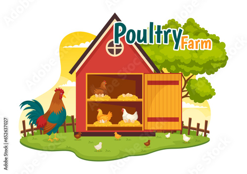 Poultry Farm Vector Illustration with Chickens, Roosters, Straw, Cage and Egg on Scenery of Green Field Background in Flat Cartoon Design