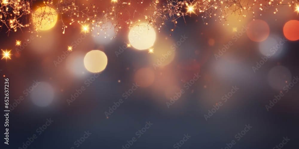 Bokeh lights on a Christmas garland against a dark blue background. Generative Ai.