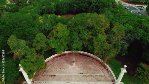 Abraham Lincoln monument in Chicago downtown, Illinois. Located in the north Court of Presidents, north of E. Congress Parkway and west of S. Columbus Drive. Lowering Aerial - crane shot photo