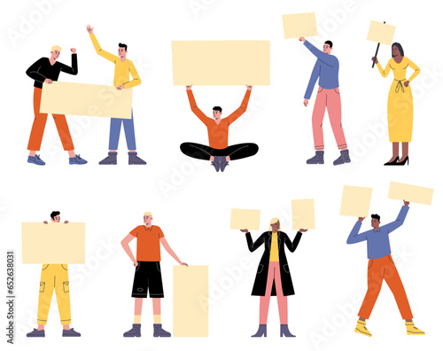 People on parade. Cartoon male or female protesters with blank placards. Demonstration for peace. Participants characters with manifestation banners. Social movement. Vector activists set