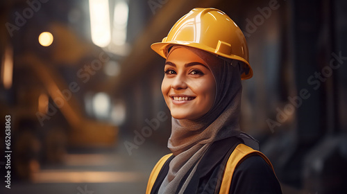 Muslim girl in a yellow helmet at a factory.