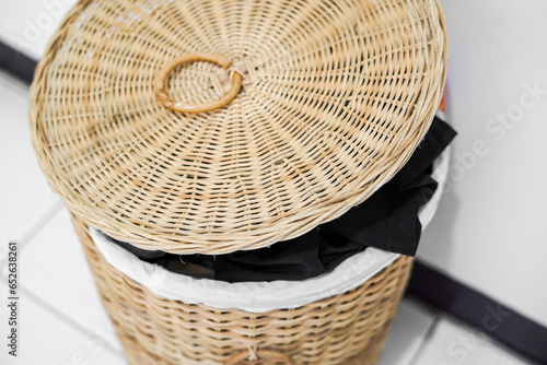 clothes basket made from woven bamboo, bamboo handicrafts, bamboo home decorations, close up of bamboo handcrafts, bamboo basket full of dirty clothes, bamboo basket