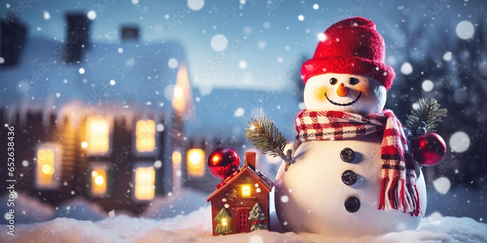 Obraz premium Happy snowman in winter scenery with a panoramic picture with copy space. Generative Ai.