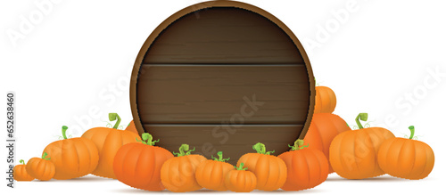 autumn round wooden sign with vector orange pumpkins isolated on white background. Creative Design template for farm market banners and thanksgiving day backgrounds with pumpkins frame