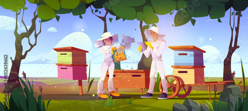 Two beekeepers working at bee farm. Vector cartoon illustration of man and woman harvesting honey from honeycomb in green garden with beehives, trees and flowers, apiculture business, organic product