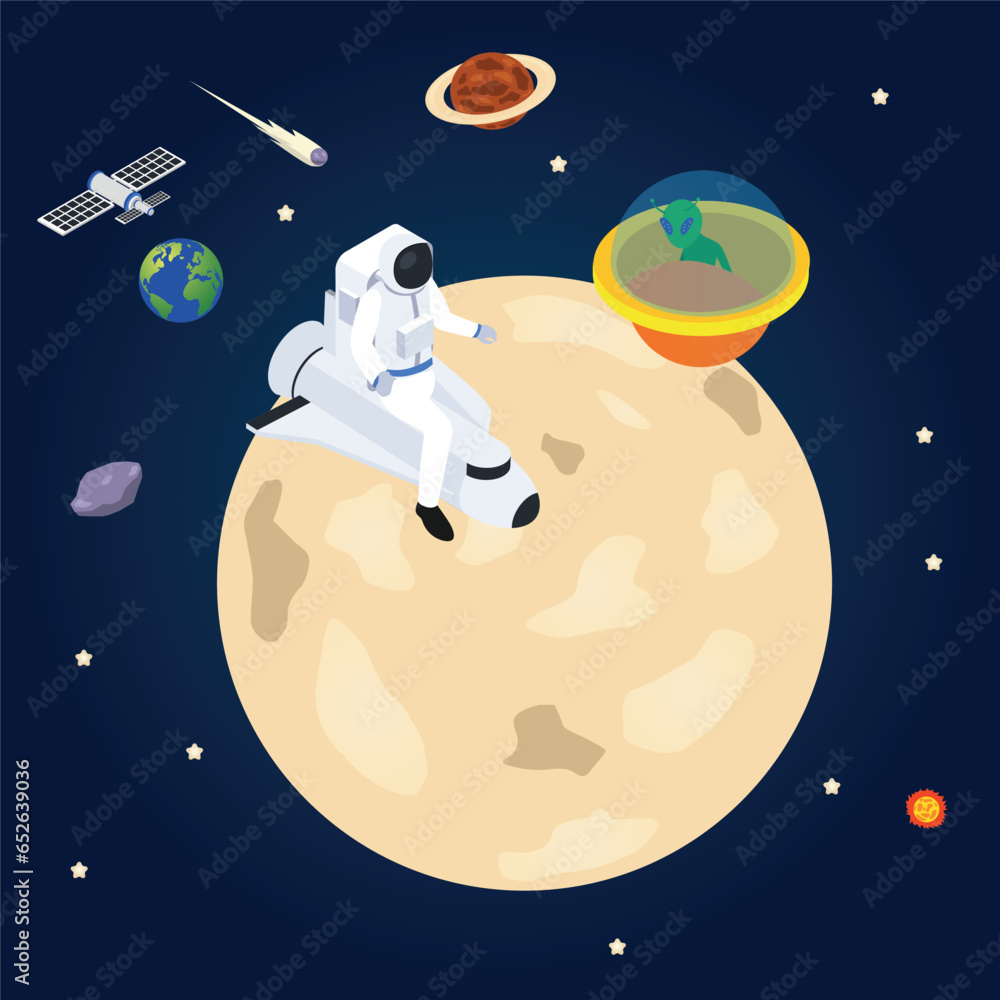Naklejka premium Astronaut Outer Space Spacecraft encounter an alien 3d vector illustration concept for banner, website, illustration, landing page, flyer, etc