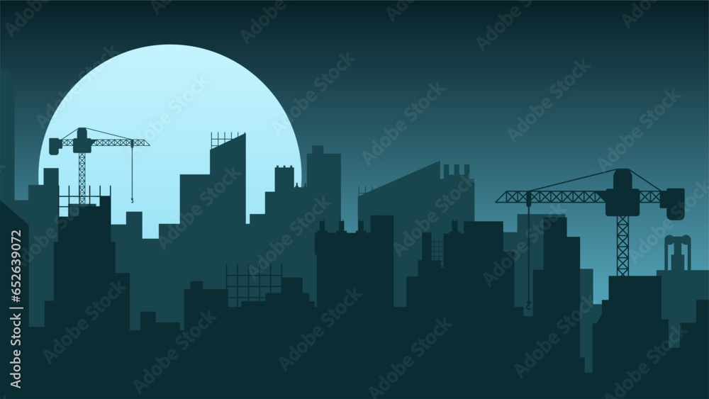 Construction city landscape at night vector illustration. Silhouette of industrial cityscape. City landscape for background, wallpaper or landing page. Construction skyline building illustration