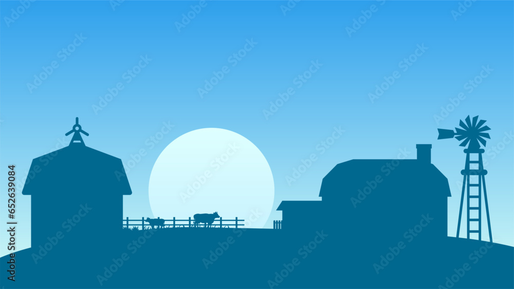 Countryside farmhouse landscape vector illustration. Silhouette of farm landscape with cow livestock, barn and windmill. Rural agriculture landscape for background, wallpaper or landing page