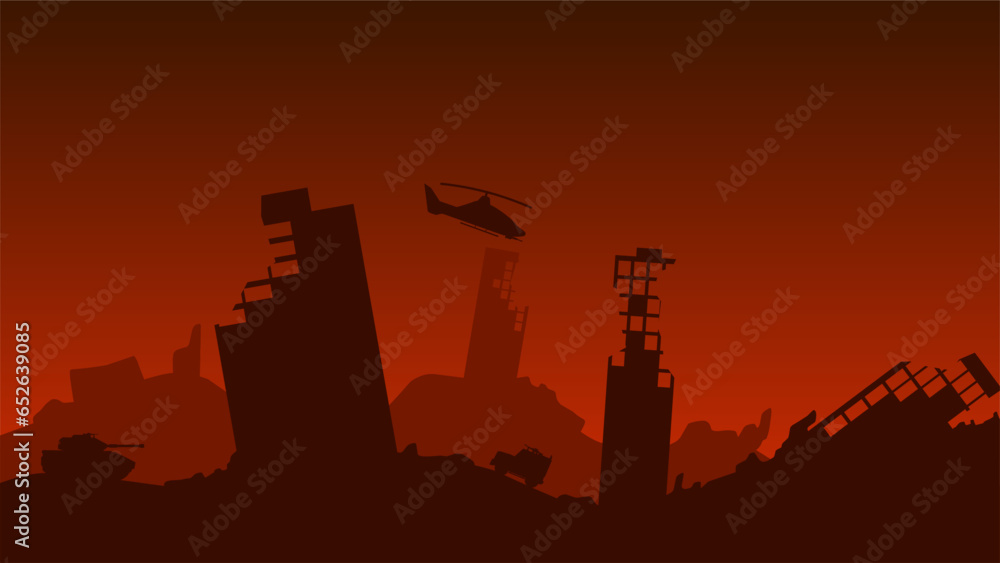 Destroyed city landscape vector illustration. Silhouette of military war in the dead city ruins. Social issue of war and invasion in the city