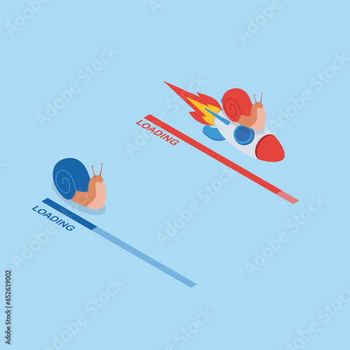 Slow and rocket fast download, loading bar with snails 3d vector illustration concept for banner, website, illustration, landing page, flyer, etc