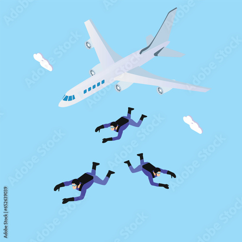Parachutists jumping out of plane in blue sky 3d vector illustration concept for banner, website, illustration, landing page, flyer, etc