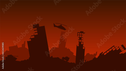 Destroyed city landscape vector illustration. Silhouette of military war in the dead city ruins. Social issue of war and invasion in the city