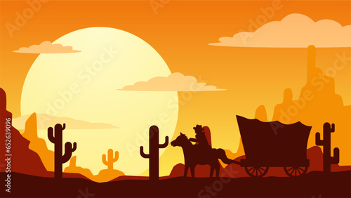 Sunset in the wild west desert landscape vector illustration. Cowboy with wagon in the wild west desert landscape. American desert landscape for background, wallpaper or landing page photo