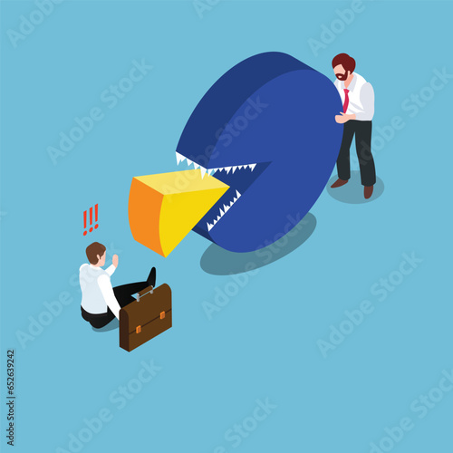 Business cannibalism monoply - big pie chart eat the small chart portion vector 3d vector illustration concept for banner, website, illustration, landing page, flyer, etc
