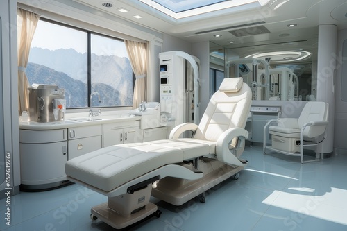 The medical surgery room is equipped with various sophisticated equipment, with a clean and all-white room