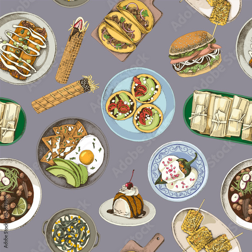 Mexican food dishes seamless pattern