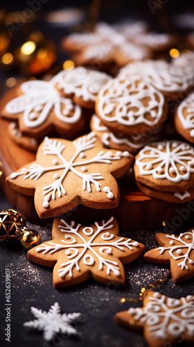 Christmas cookies on the table. Vertical New Year background, greeting card.