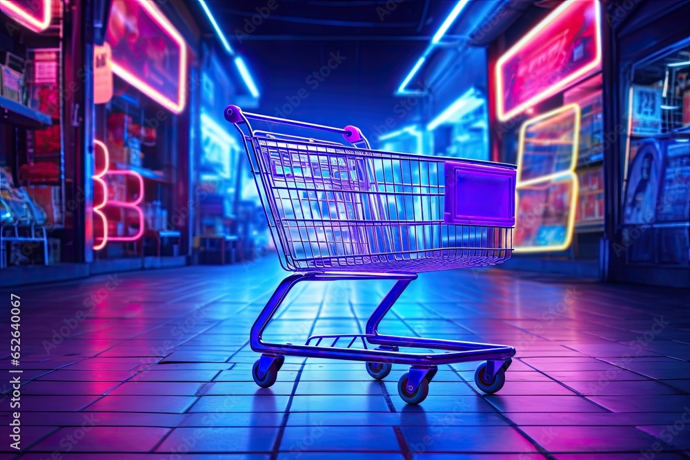 Online shopping extravaganza. Neon lit cyber store. Glowing carts and cyber deals. E commerce awaits. Digital retail revolution. Neon lights of market Online shopping extravaganza. Neon lit cyber store. Glowing carts and cyber deals. E commerce awaits. Digital retail revolution. Neon lights of market