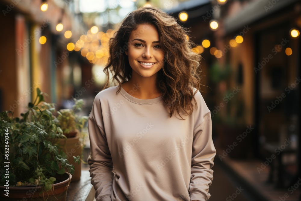 Casual Chic: Embracing Comfort and Style in a Plain Beige Crewneck Sweatshirt - obrazy, fototapety, plakaty 