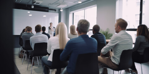 business training seminar education lecture staff meeting or workshop, abstract people group siting in auditorium learning listening to presentation
