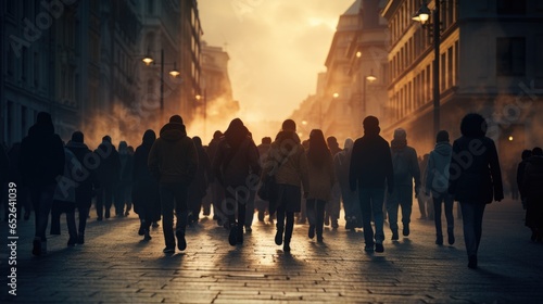 Anonymous crowd of people walking on city street background. © morepiixel
