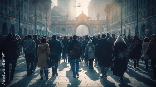 Anonymous crowd of people walking on city street background.