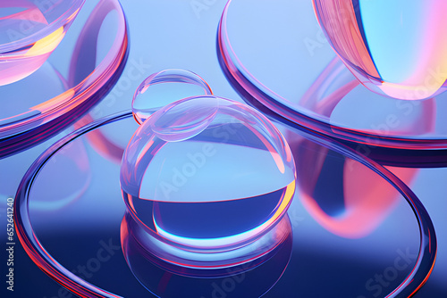 Glass Circle Shapes With Colorful Reflections Composition. 3d Rendering Illustration.