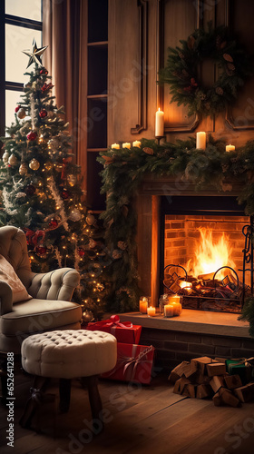 Christmas interior of a modern country house with a fireplace. Vertical New Year background  greeting card.