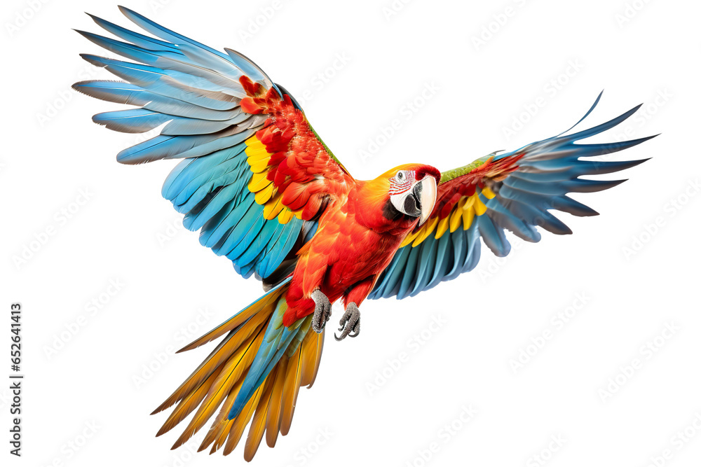 a beautiful parrot flying full body on a white background studio shot isolated PNG