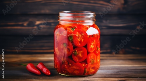 Glass jar of homemade marinated red bell peppers on wooden table 