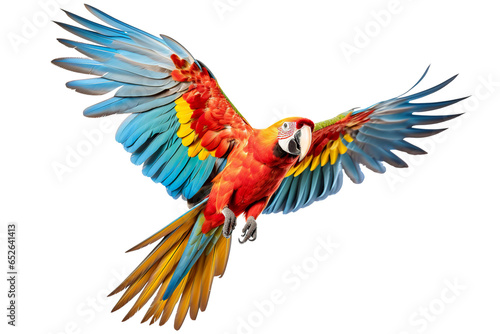 a beautiful parrot flying full body on a white background studio shot isolated PNG © JetHuynh