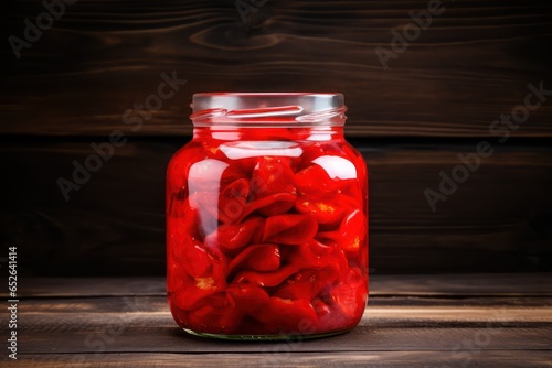 Glass jar of homemade marinated red bell peppers on wooden table 