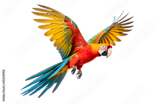 a beautiful parrot flying full body on a white background studio shot isolated PNG © JetHuynh