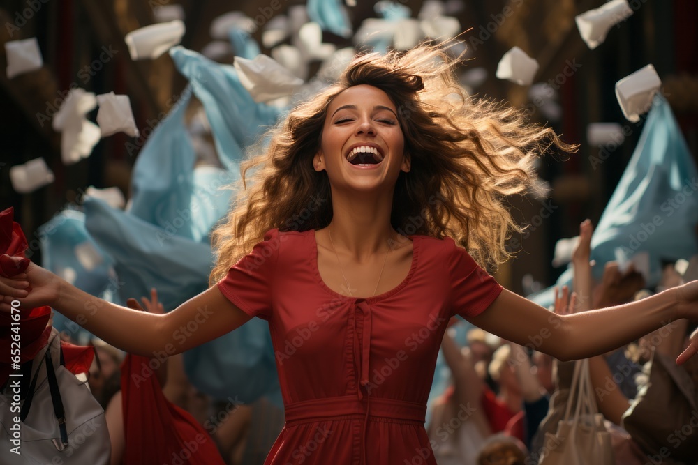 Carefree woman tossing shopping bags in the air with glee, Generative AI Carefree woman tossing shopping bags in the air with glee, Generative AI