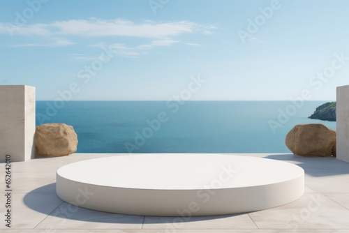 White marble podium with blue sea view background