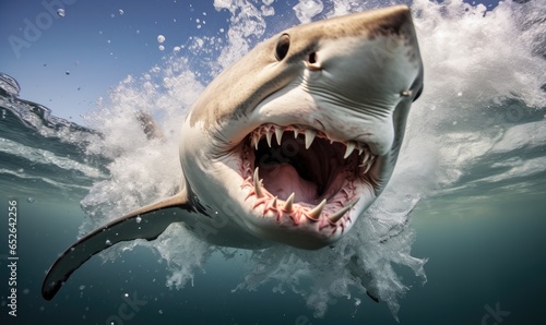 A thrilling image capturing the moment a shark breaches the water, its body suspended in mid-air before reentering the underwater world. photo